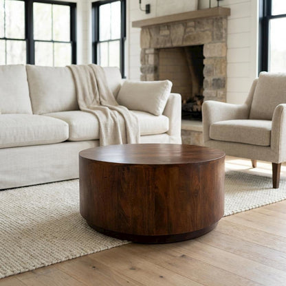 Round Mango Wood Coffee Table in Chestnut Finish for Living Room or Office