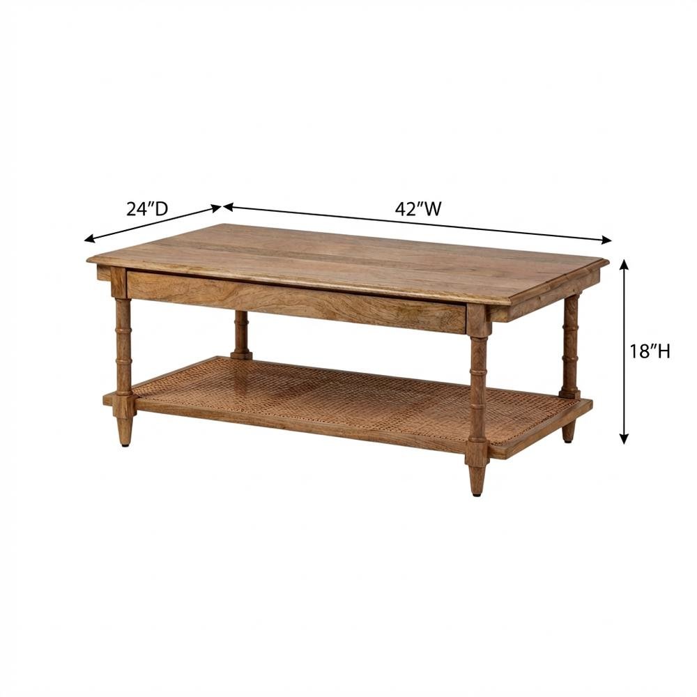 Natural Wood & Cane Coffee Table with Rectangular Design and Mango Wood Finish