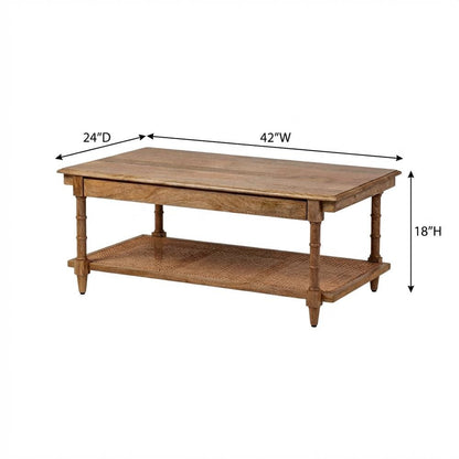 Natural Wood & Cane Coffee Table with Rectangular Design and Mango Wood Finish
