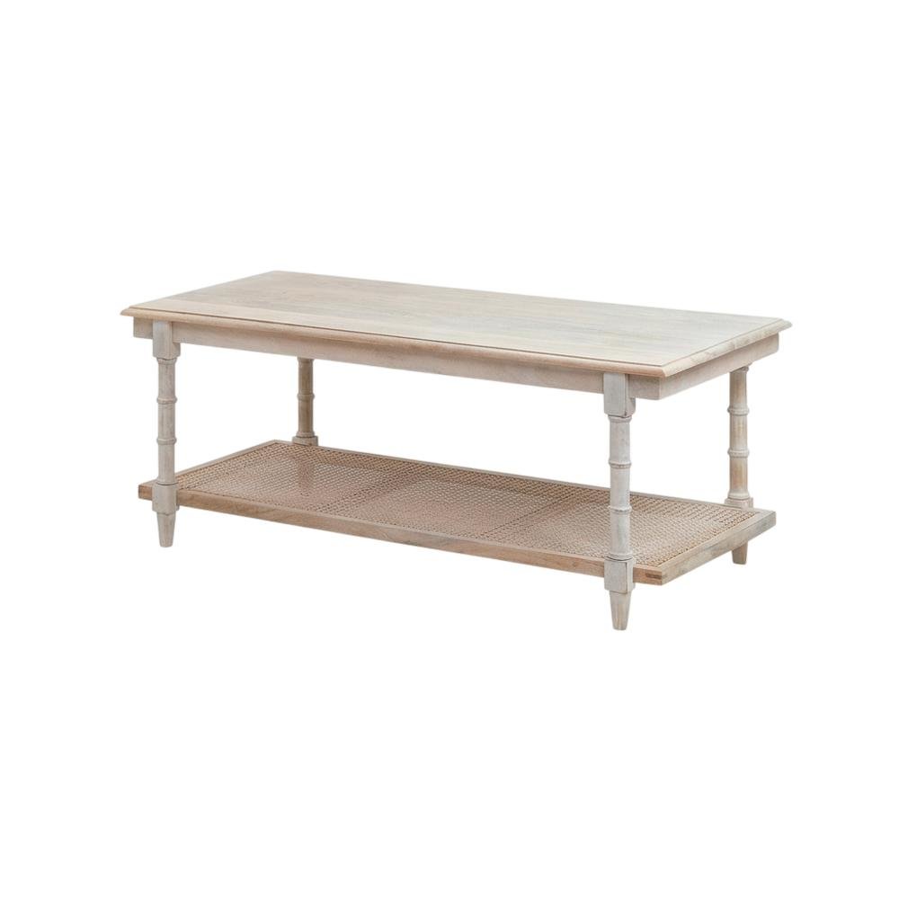 Whitewash Wood & Cane Coffee Table with Rectangular Top and Mango Wood Finish