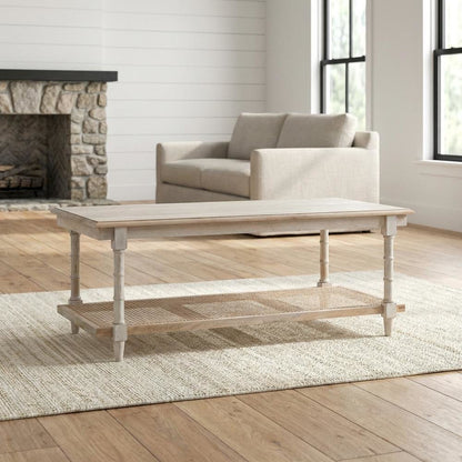 Whitewash Wood & Cane Coffee Table with Rectangular Top and Mango Wood Finish