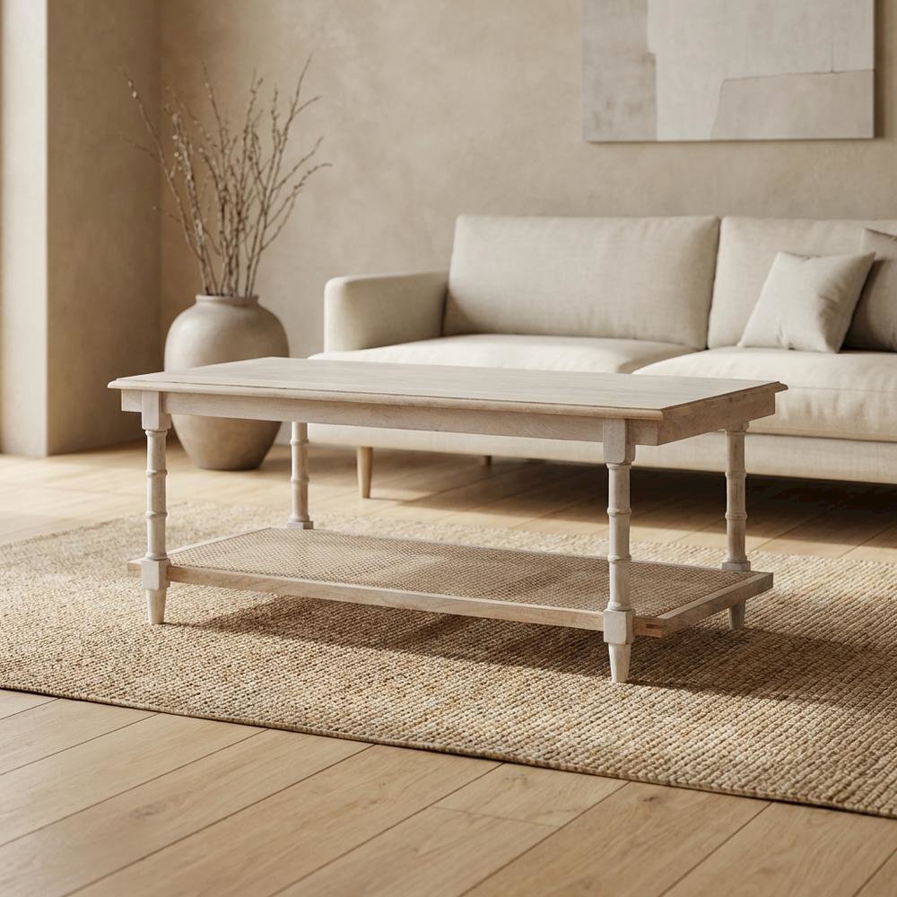 Whitewash Wood & Cane Coffee Table with Rectangular Top and Mango Wood Finish