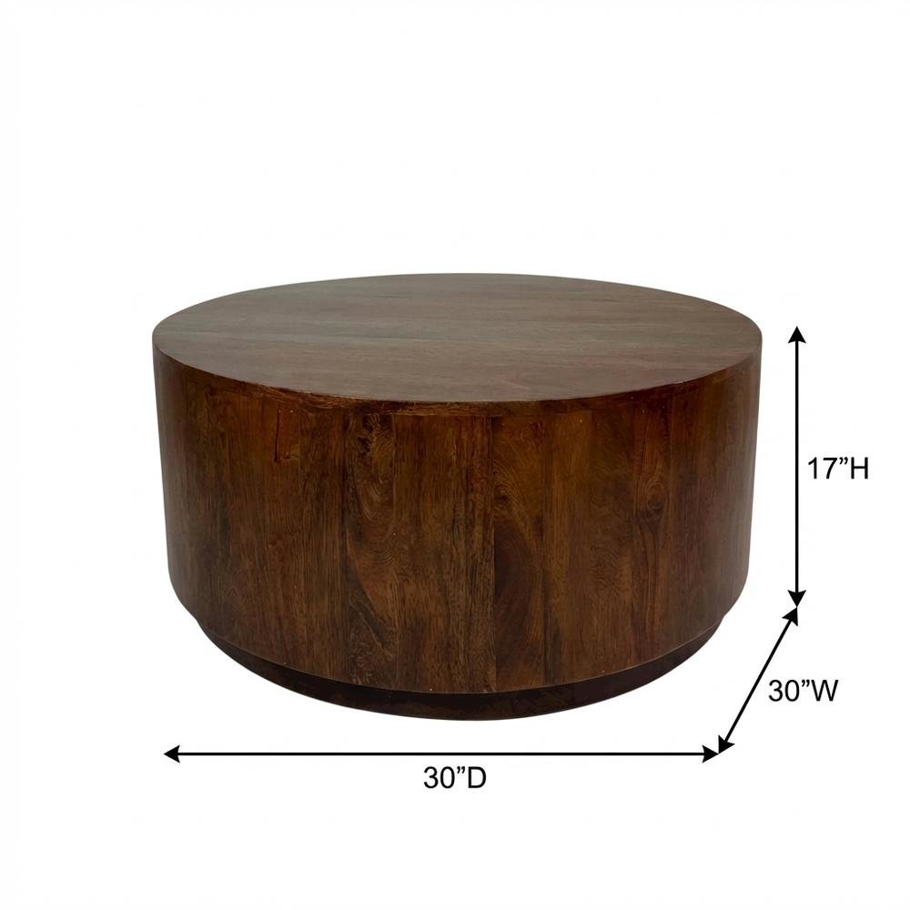 Round Mango Wood Coffee Table in Chestnut Finish for Living Room or Office