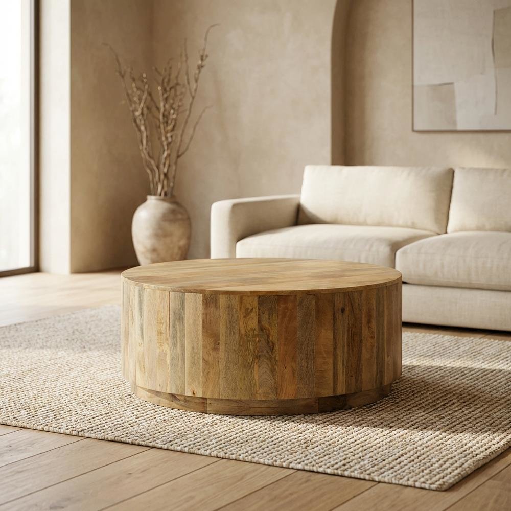 Natural Mango Wood Round Coffee Table with Sturdy Base
