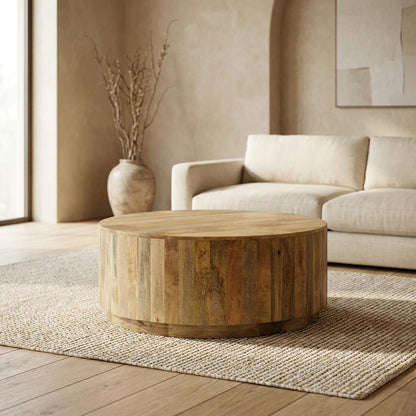 Natural Mango Wood Round Coffee Table with Sturdy Base