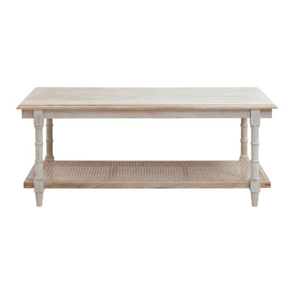 Whitewash Wood & Cane Coffee Table with Rectangular Top and Mango Wood Finish