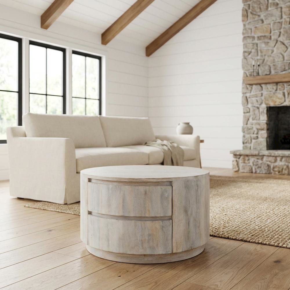 Round Whitewash Coffee Table with Mango Wood Top and Metal Slides