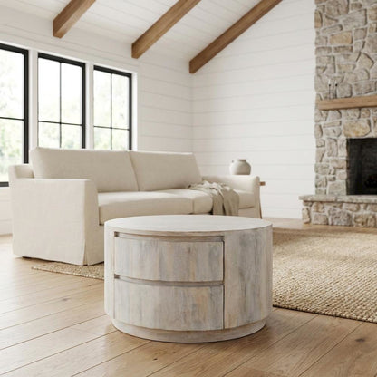 Round Whitewash Coffee Table with Mango Wood Top and Metal Slides