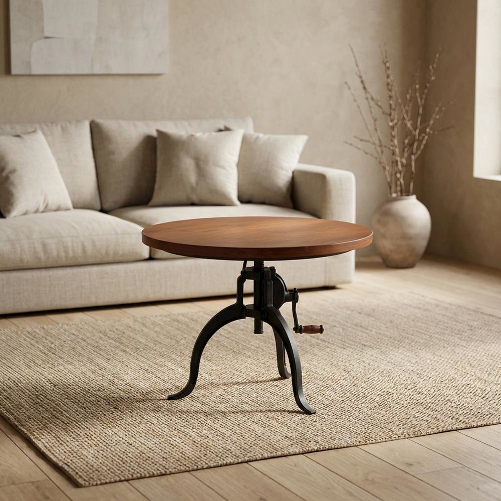 Rustic Adjustable Coffee Table, Mango Wood Top, Cast Iron Base