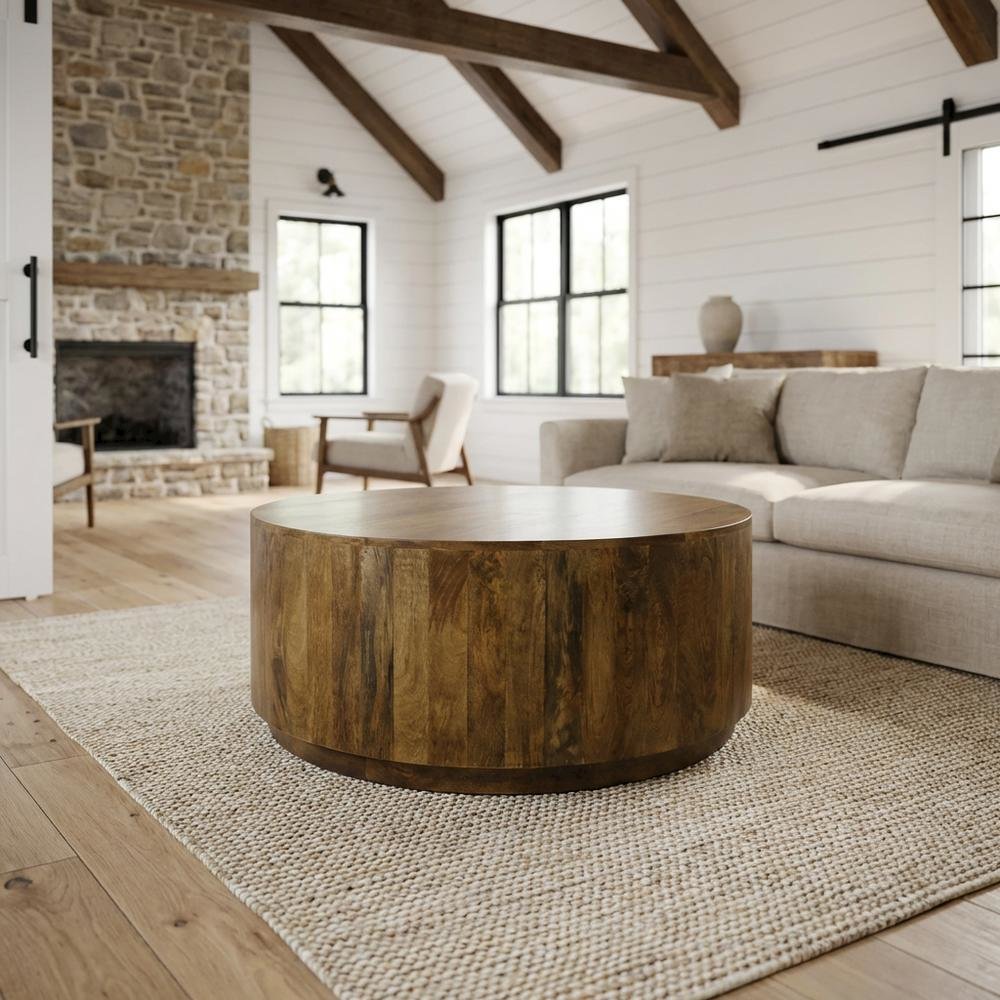 Round Wooden Coffee Table with Elm Finish and Mango Wood Top
