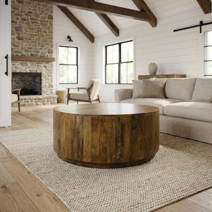 Round Wooden Coffee Table with Elm Finish and Mango Wood Top
