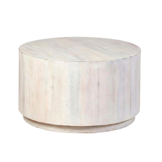 Round Mango Wood Coffee Table with Whitewash Finish for Living Room