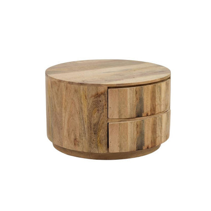 Natural Mango Wood Round Coffee Table with 2 Drawers and Metal Slides