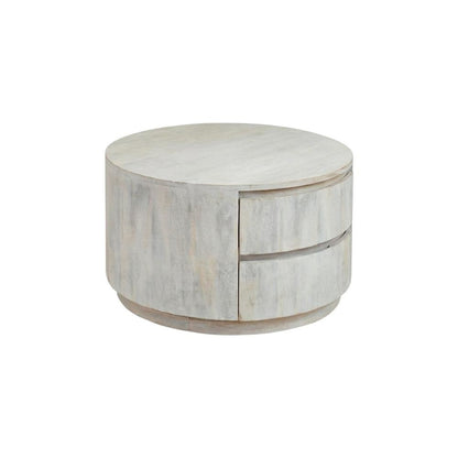 Round Whitewash Coffee Table with Mango Wood Top and Metal Slides