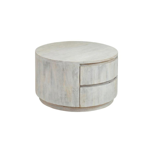 Round Whitewash Coffee Table with Mango Wood Top and Metal Slides