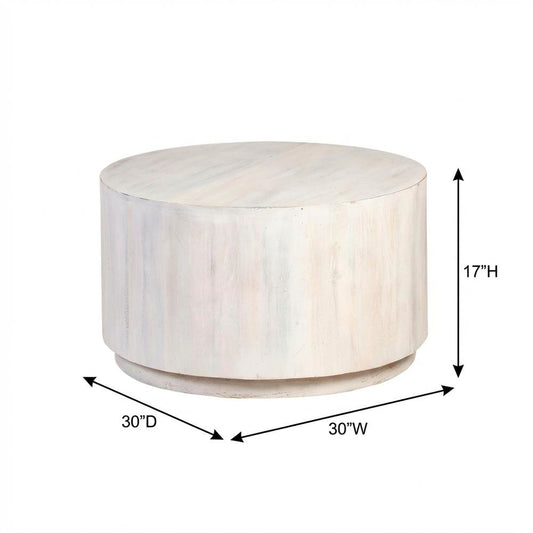 Round Mango Wood Coffee Table with Whitewash Finish for Living Room