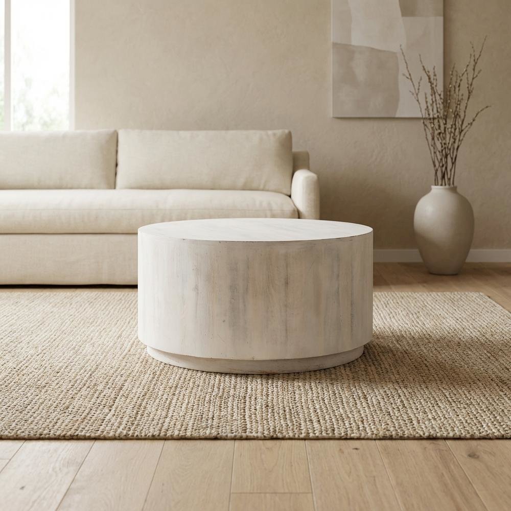 Round Mango Wood Coffee Table with Whitewash Finish for Living Room