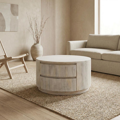 Round Whitewash Coffee Table with Mango Wood Top and Metal Slides