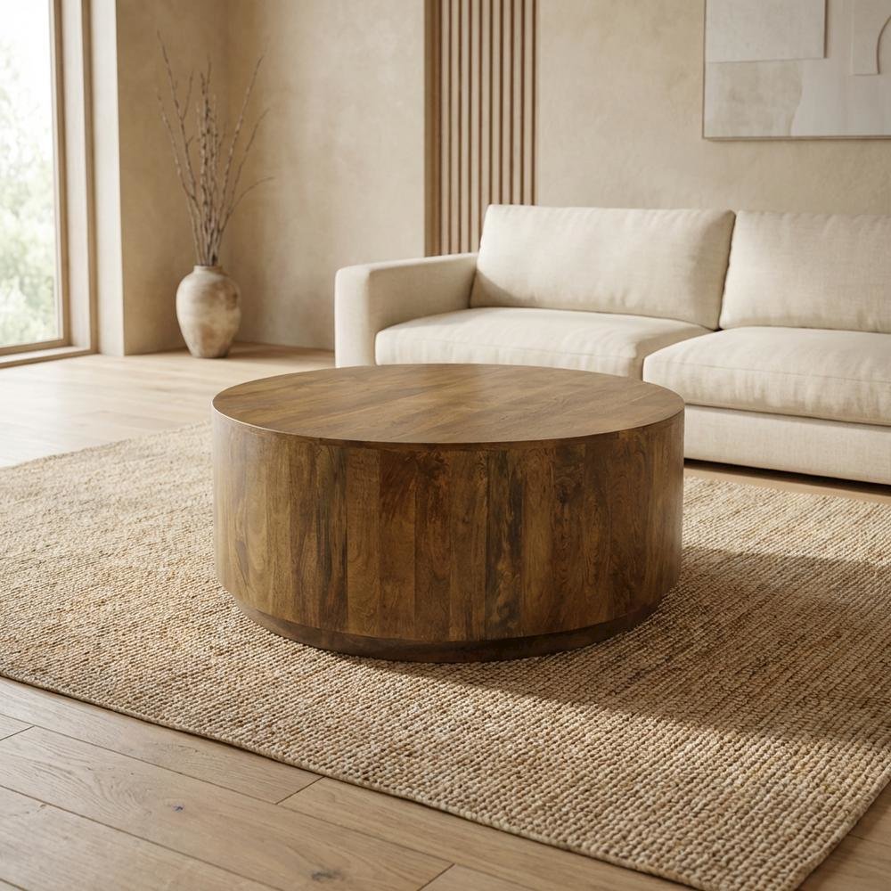 Round Wooden Coffee Table with Elm Finish and Mango Wood Top