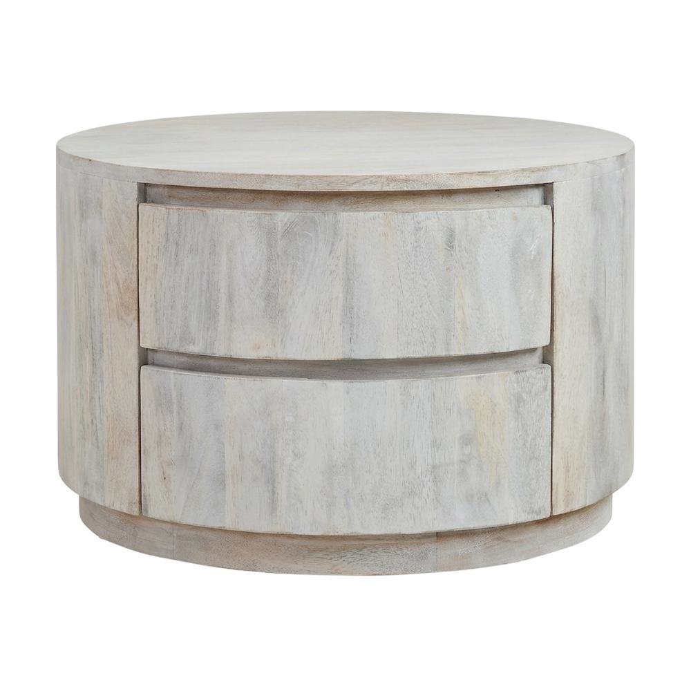 Round Whitewash Coffee Table with Mango Wood Top and Metal Slides
