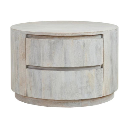 Round Whitewash Coffee Table with Mango Wood Top and Metal Slides