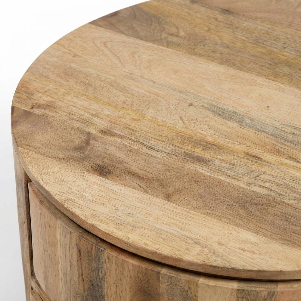Natural Mango Wood Round Coffee Table with 2 Drawers and Metal Slides
