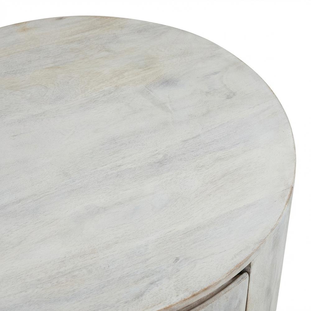 Round Whitewash Coffee Table with Mango Wood Top and Metal Slides
