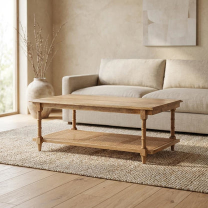 Natural Wood & Cane Coffee Table with Rectangular Design and Mango Wood Finish