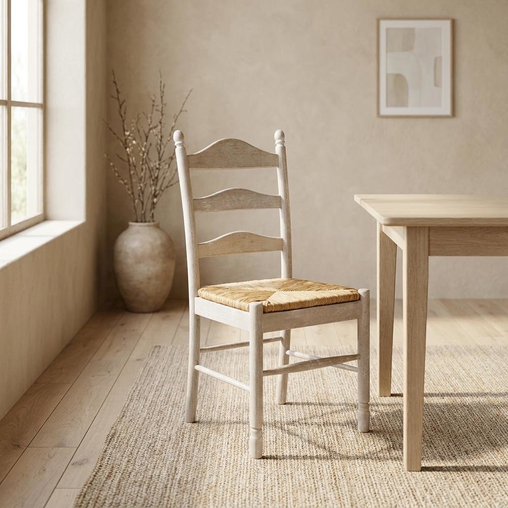Rubberwood Rush-Seat Dining Chair with Ladder Back, Natural Driftwood, Natural