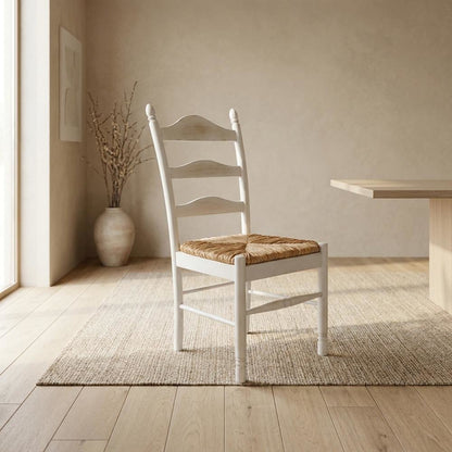 Rubberwood Rush-Seat Dining Chair with Ladder Back, Whitewash, Natural