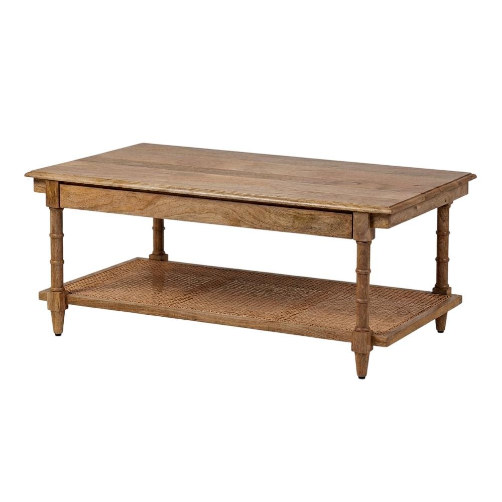 Natural Wood & Cane Coffee Table with Rectangular Design and Mango Wood Finish