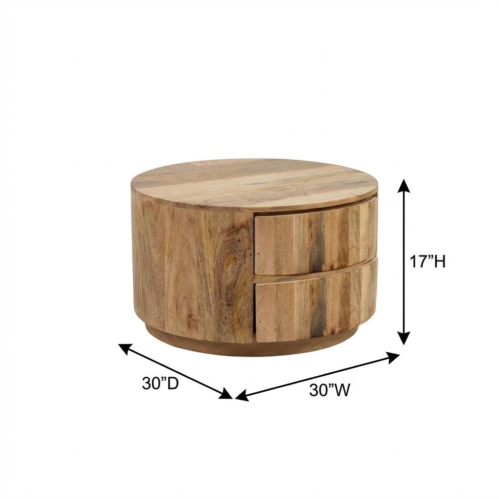 Natural Mango Wood Round Coffee Table with 2 Drawers and Metal Slides
