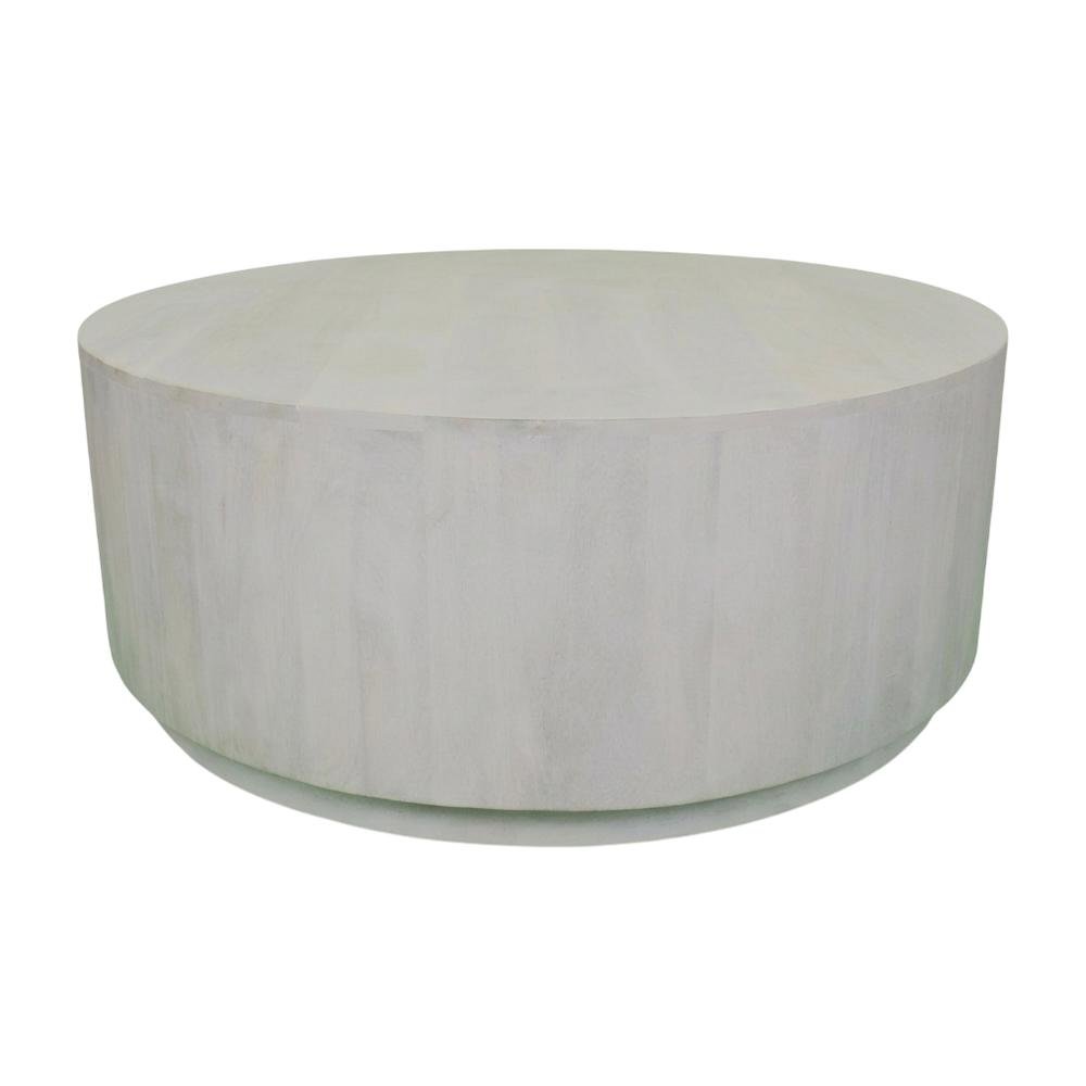 Round Wooden Coffee Table in White with Mango Wood Finish, 42 Inches