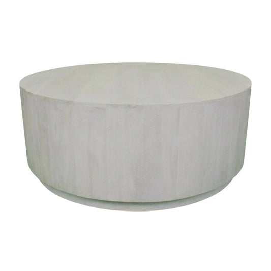 Round Wooden Coffee Table in White with Mango Wood Finish, 42 Inches