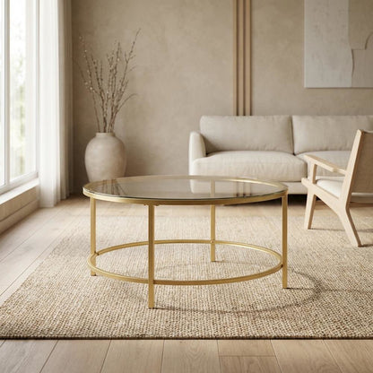 Glass Top Gold Coffee Table with Round Design and Modern Style