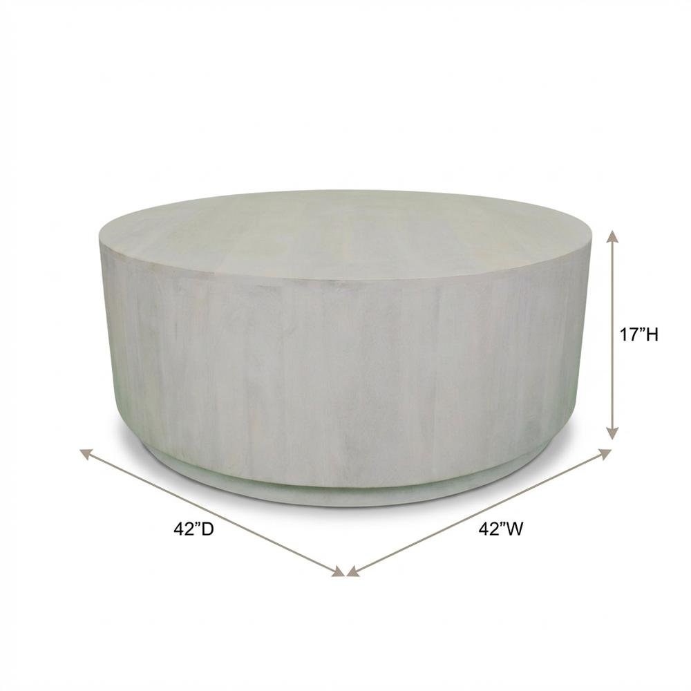 Round Wooden Coffee Table in White with Mango Wood Finish, 42 Inches