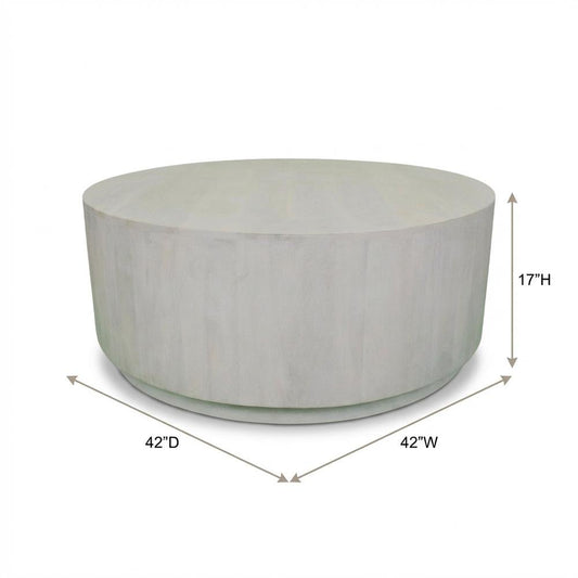 Round Wooden Coffee Table in White with Mango Wood Finish, 42 Inches