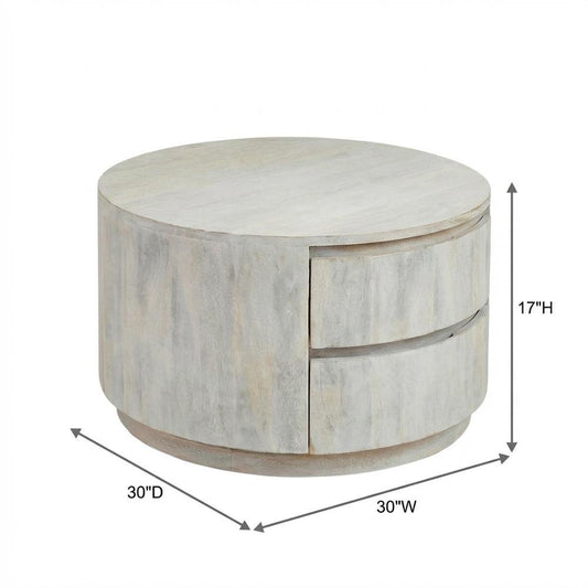 Round Whitewash Coffee Table with Mango Wood Top and Metal Slides