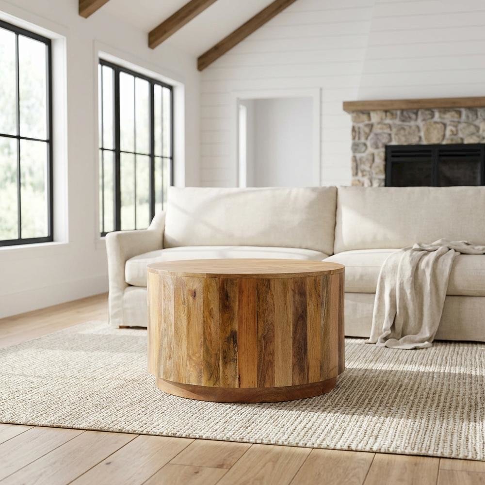Round Mango Wood Coffee Table in Natural Finish for Living Room