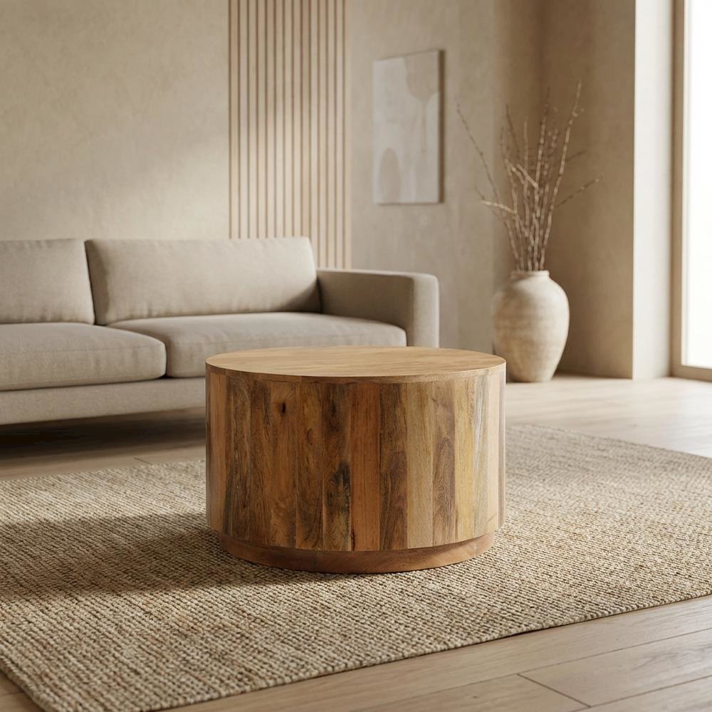 Round Mango Wood Coffee Table in Natural Finish for Living Room
