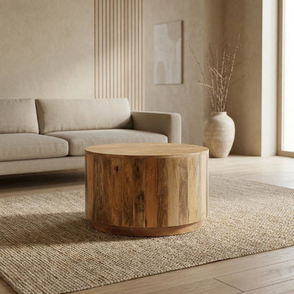 Round Mango Wood Coffee Table in Natural Finish for Living Room