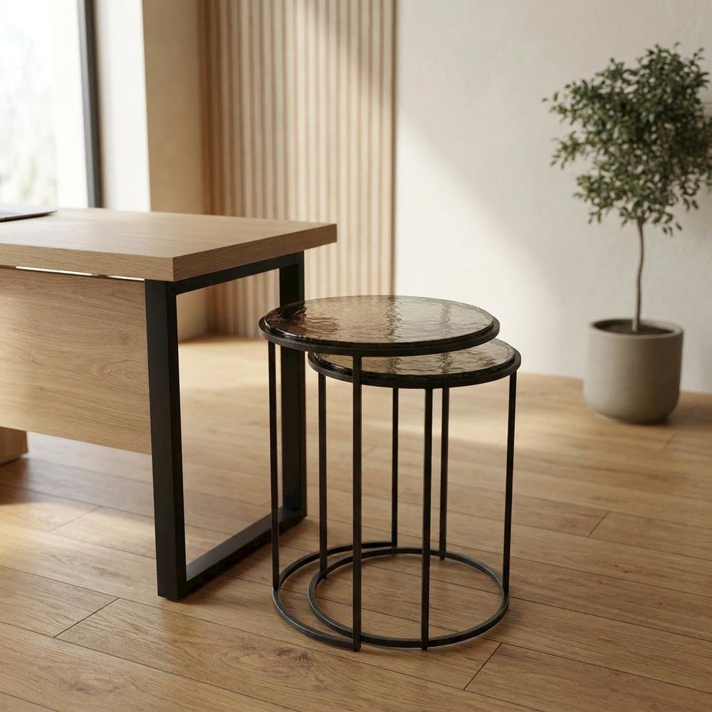 Recycled Glass Nesting Side Tables, Recycled Glass, Antique Nickel, 2 Piece