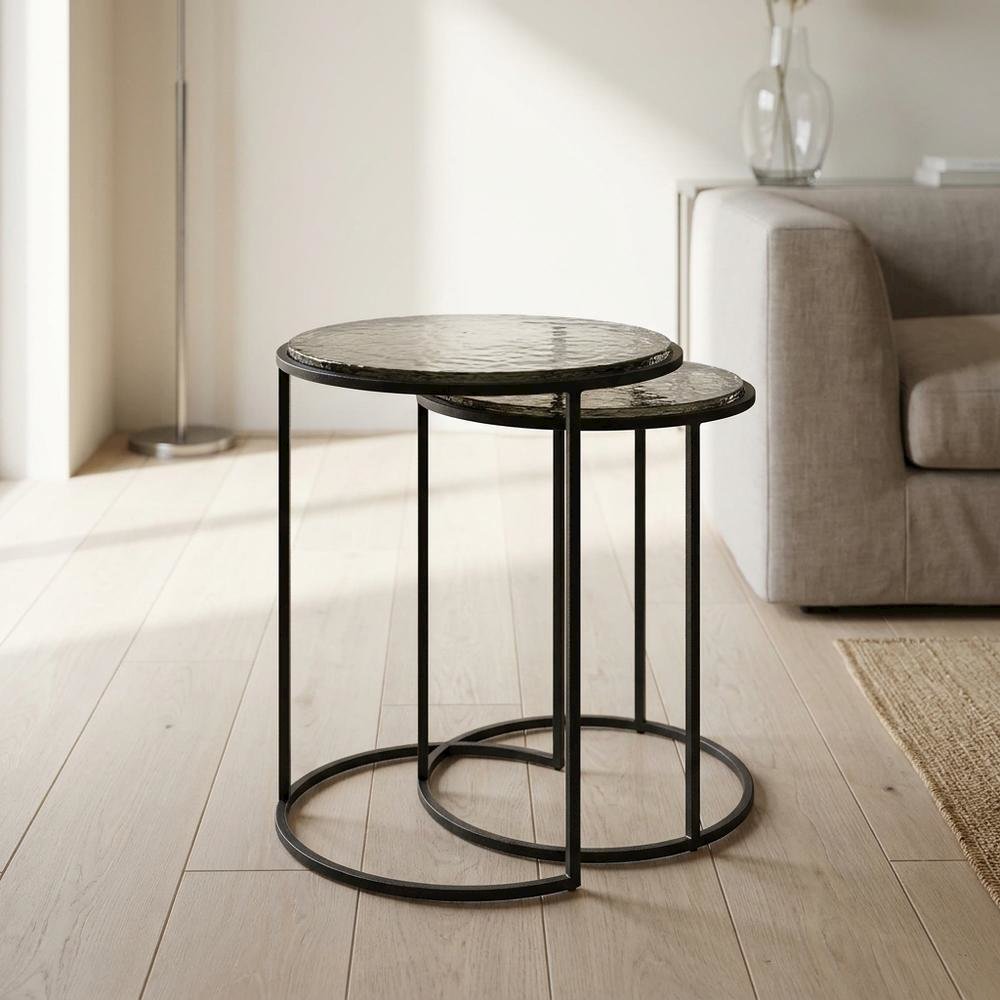 Recycled Glass Nesting Side Tables, Recycled Glass, Antique Nickel, 2 Piece