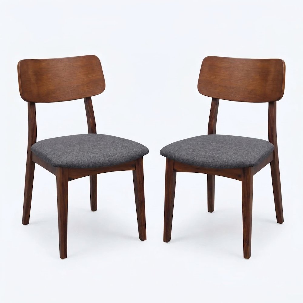 Set Of 2 Solid Blackwood Dining Chairs With Gray Upholstered Seats, Natural