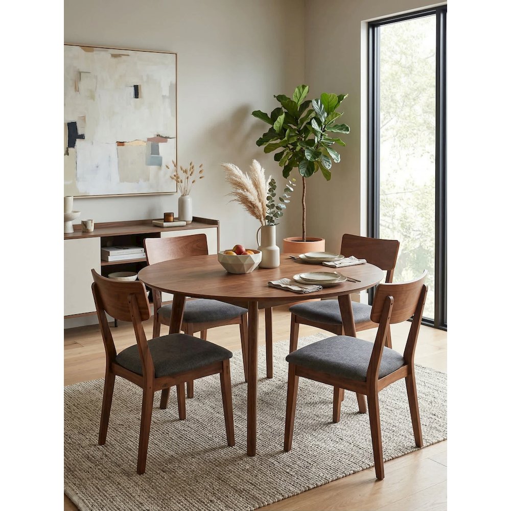 Set Of 2 Solid Blackwood Dining Chairs With Gray Upholstered Seats, Natural