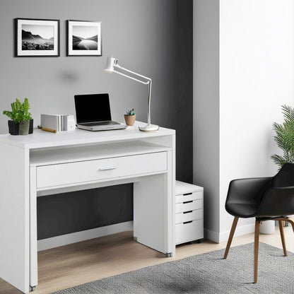 White Office Desk with Sliding Drawer, Riser, and Spacious Honeycomb Design