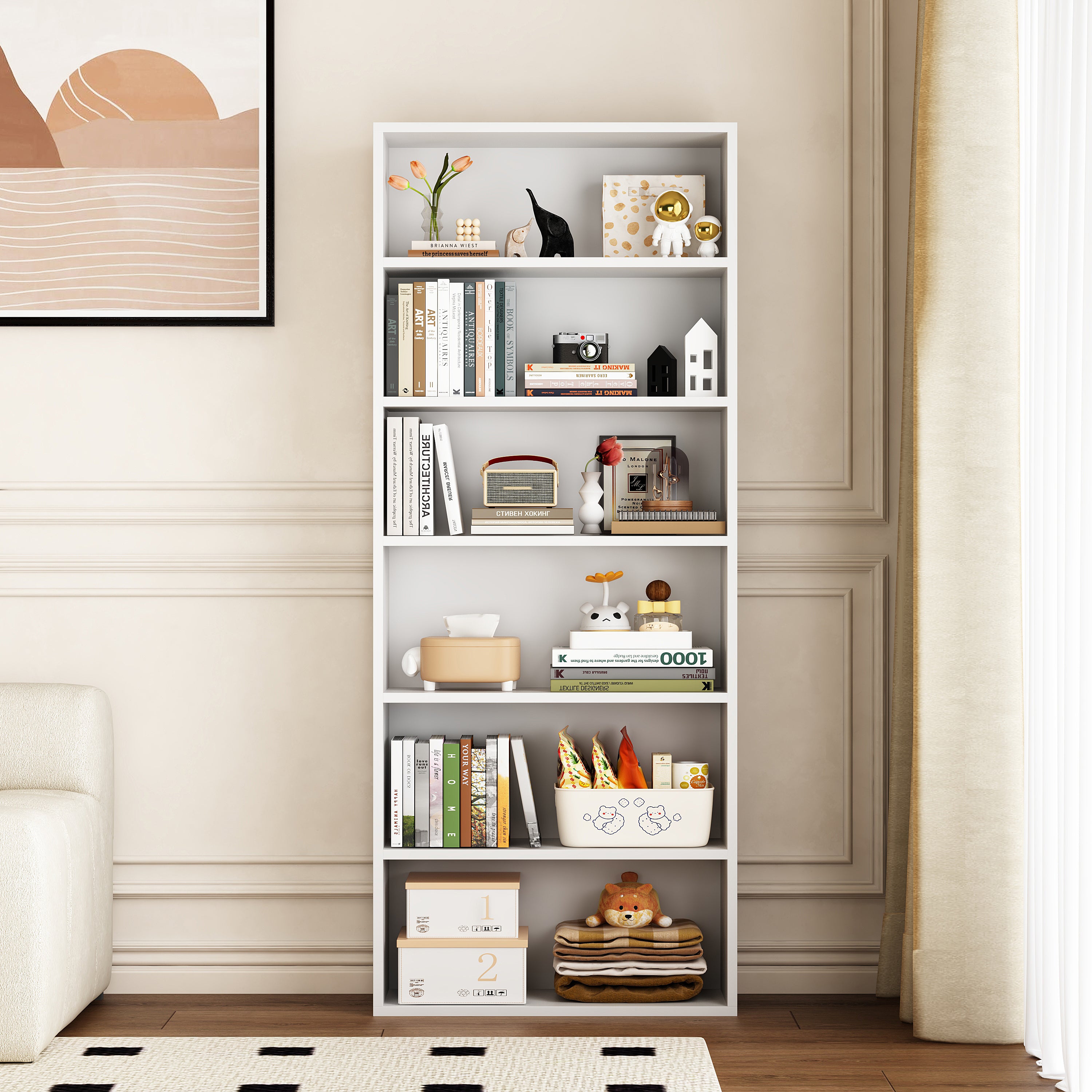 Bookshelf, 23.6 Inches Wide, 6-Tier Open Bookcase with Adjustable Storage Shelves, Floor Standing Unit, Cloud White