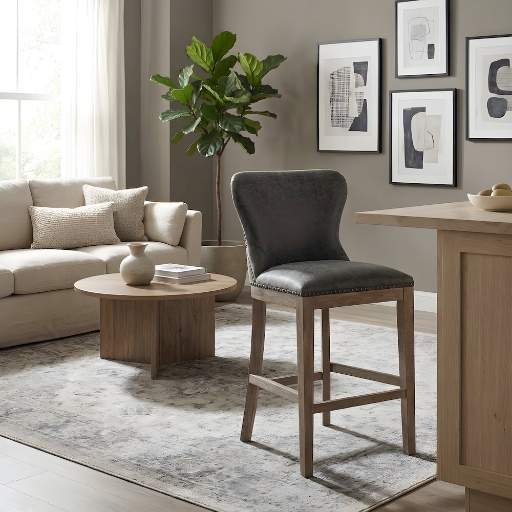 PU-Upholstered Counter Stool with Wing Back, Nailhead Trim and Solid Beech Legs