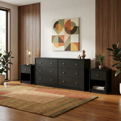 3-Piece Black Bedroom Set with Double Dresser and Nightstands