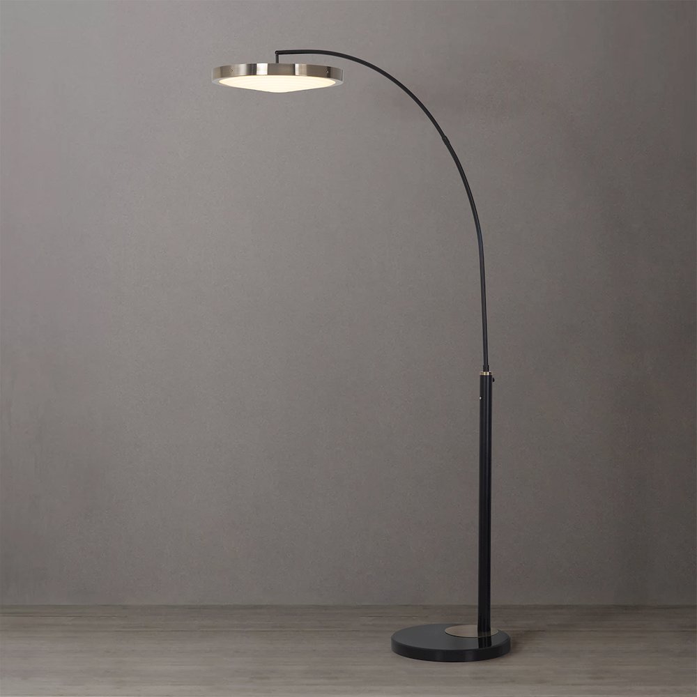 Redondo 1 Light LED Arc Floor Lamp - Matte Black Finish, Weathered Brass, Dimmer
